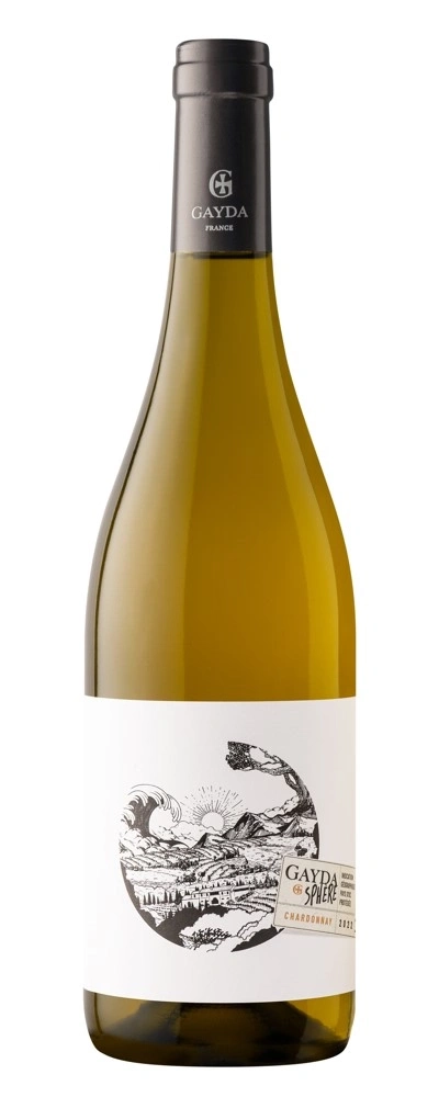 Weinflasche Gayda & Sphere Chardonnay 2021, weißes Etikett, Berglandschaft