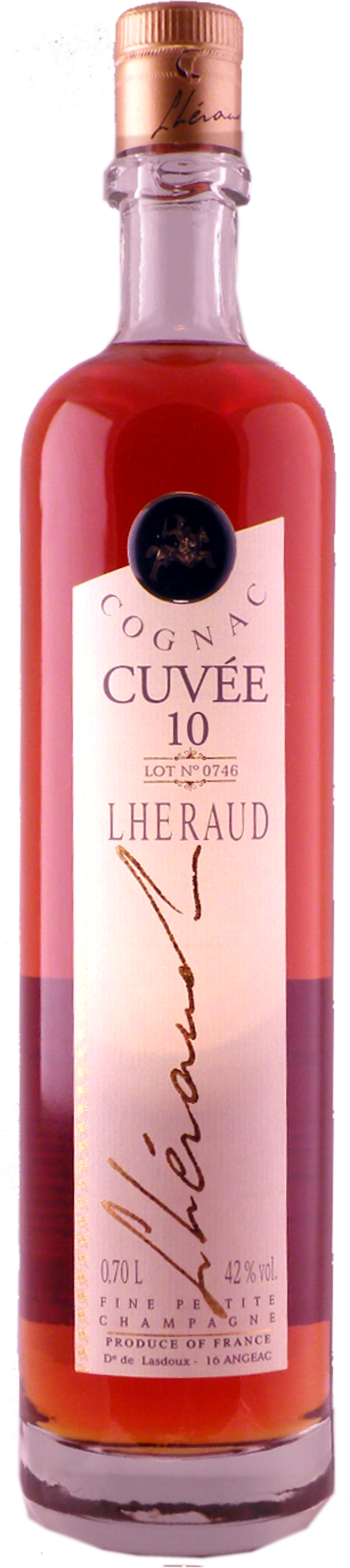 Cognac-Flasche mit Etikett, Aufschrift 'Cuvée 10', 'LHERAUD', 42% vol., 0.70 L, 'PRODUCE OF FRANCE'