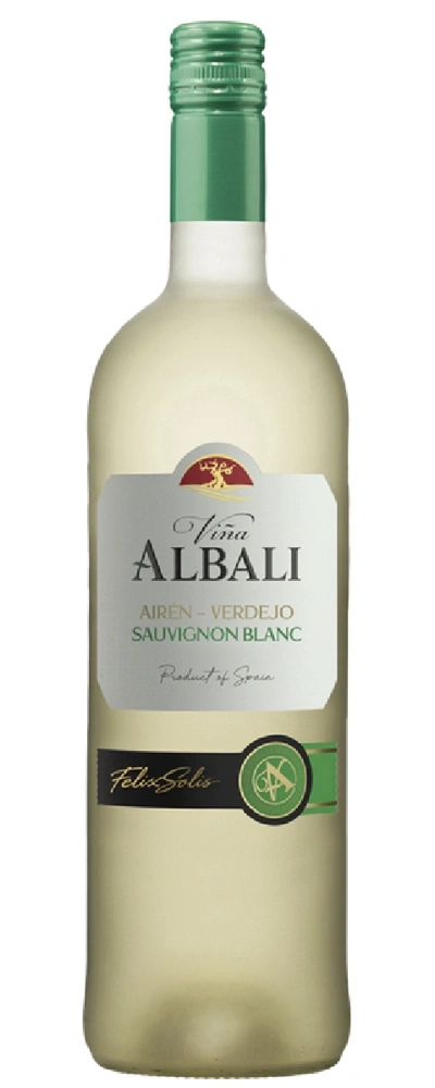 Eine Flasche Weißwein mit dem Etikett Viña Albali Airén Verdejo Sauvignon Blanc