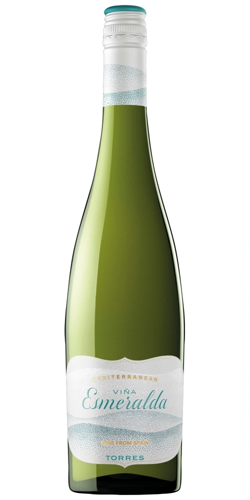 Grüne Flasche Weißwein mit Etikett Viña Esmeralda Torres