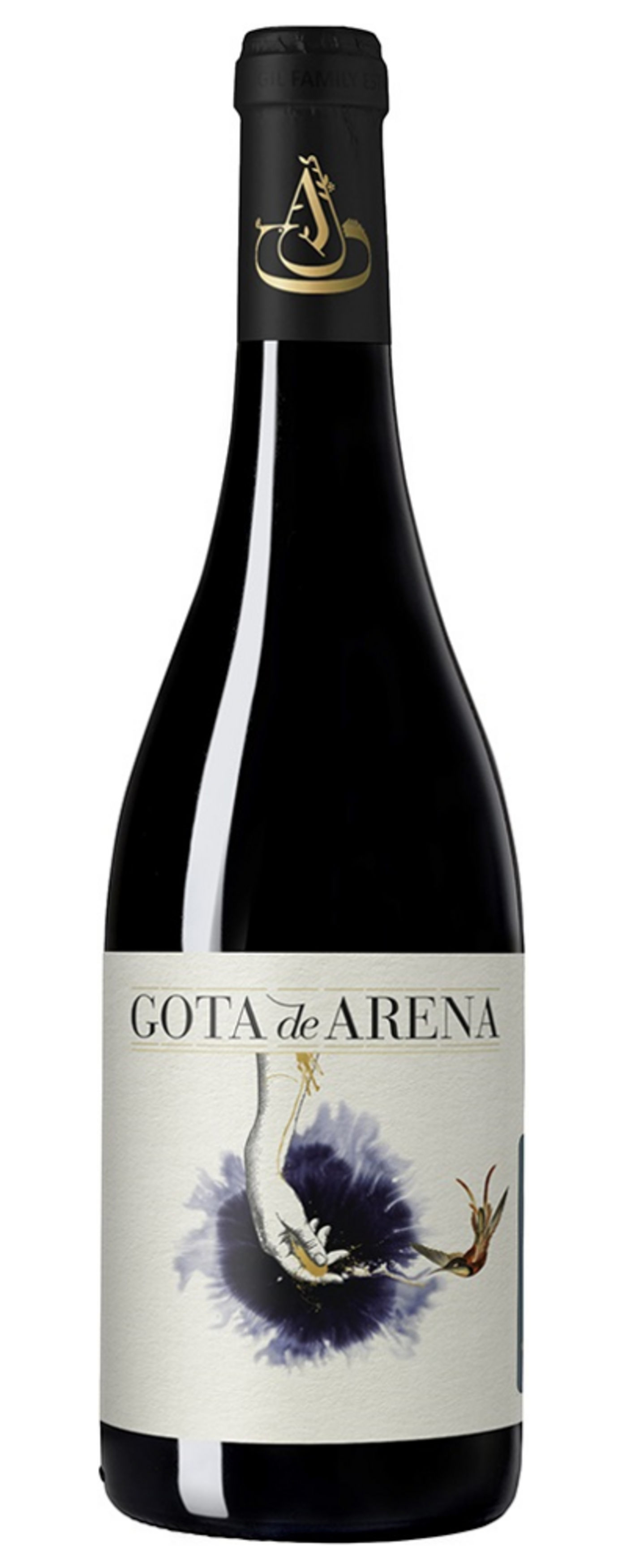 Wein-Flasche mit dem Etikett "Gota de Arena" und einem einzigartigen Design.