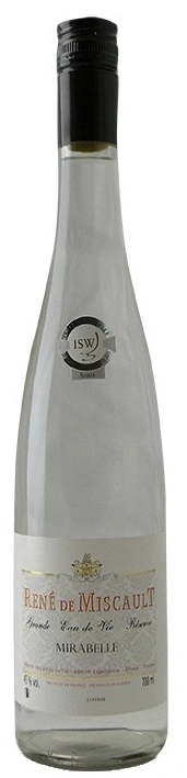 Eine Flasche René de Miscault Mirabelle, klare Flüssigkeit, Etikett, Alkohol