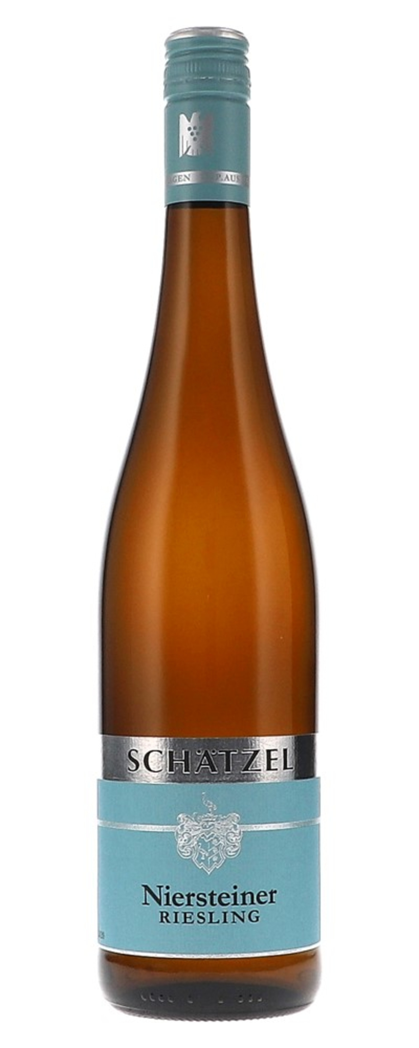 Weinflasche mit blauem Etikett und Aufschrift 'SCHÄTZEL' und 'Riesling'