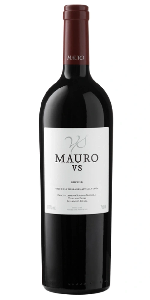 Eine Flasche Rotwein mit dem Etikett Mauro VS auf weißem Hintergrund.