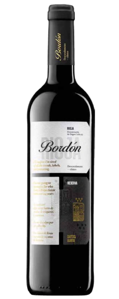 Wein Bordon Rioja Reserva, eine Flasche Rotwein, Etikett mit Text