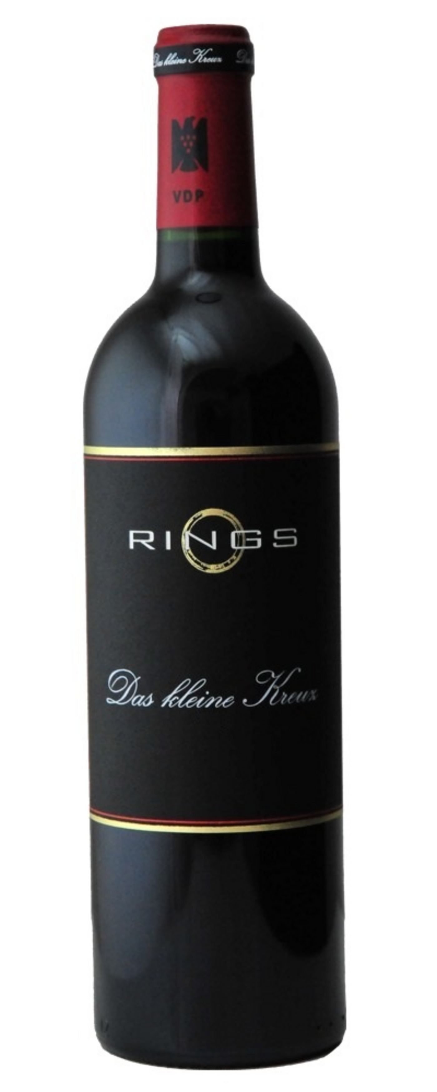 Weinflasche mit schwarzem Etikett und goldener Schrift, Rings Das kleine Kreuz.