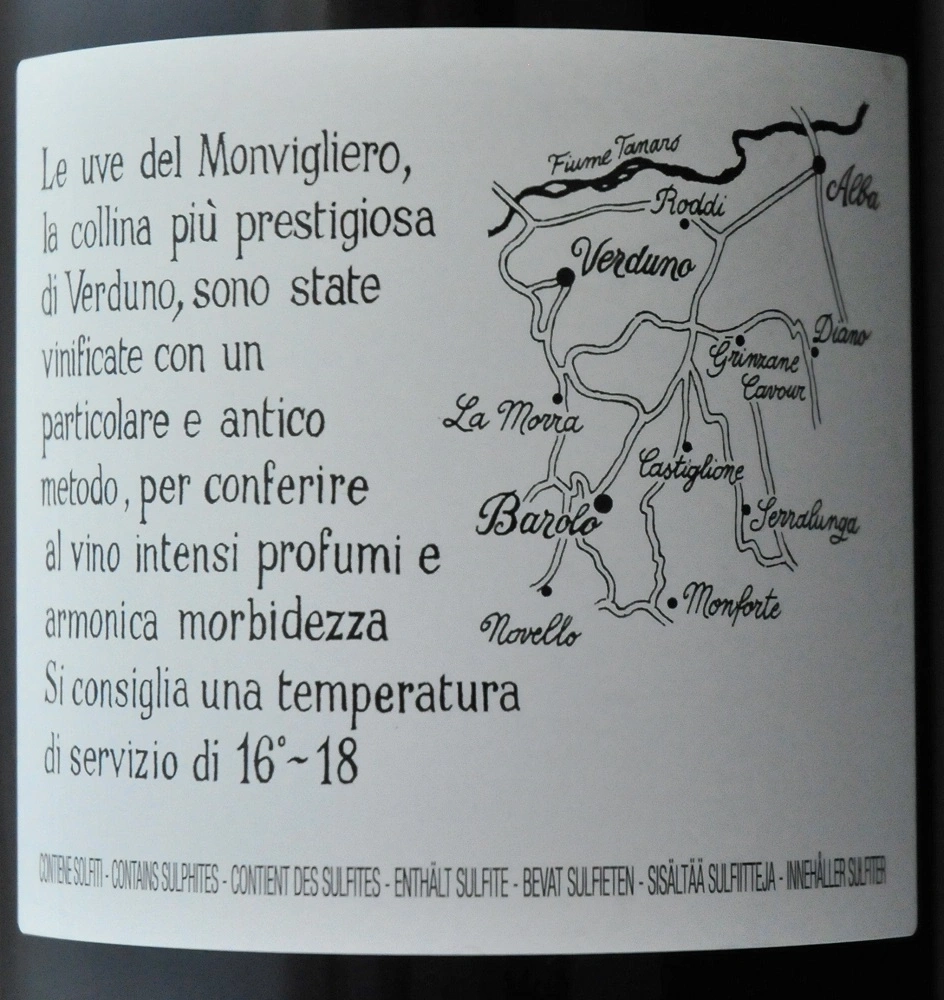 Etikett mit Text über Wein, Karte von Weinregionen und Temperaturangabe.