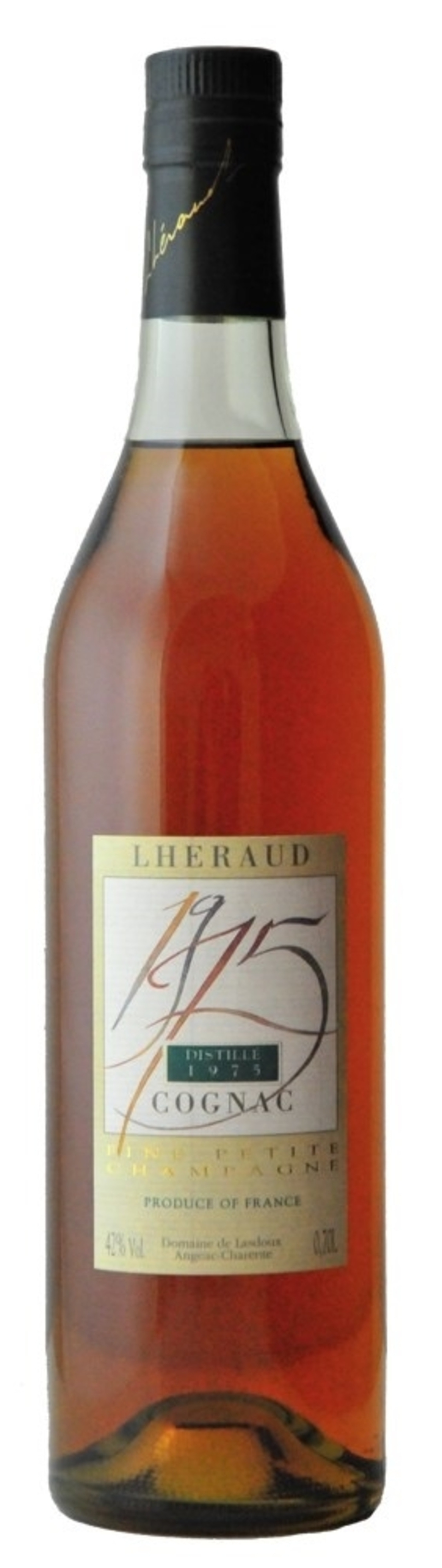 Eine Flasche Lheraud 1975 Cognac, braune Flüssigkeit, Etikett, Glasflasche, Alkohol