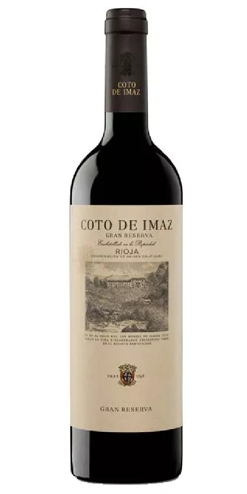 Eine Flasche Coto de Imaz Gran Reserva Rioja Wein mit einem Etikett.