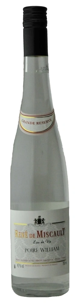Eine Flasche René de Miscault Eau de Vie Poire William Grande Reserve.