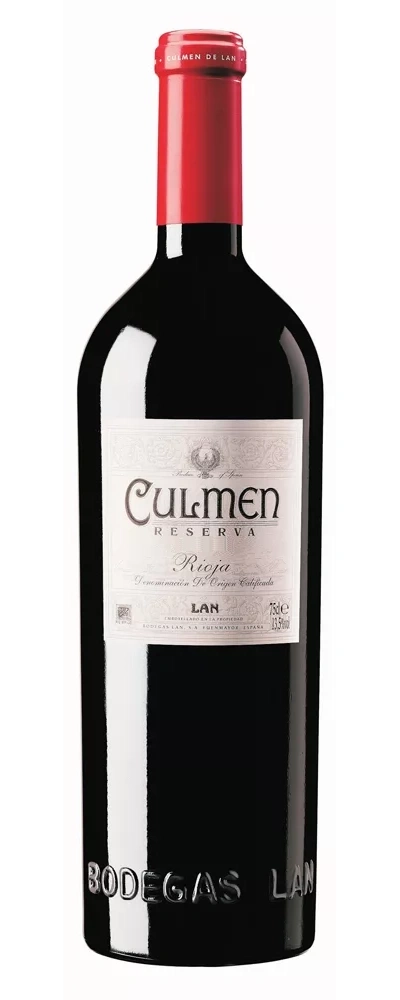 Wein-Flasche mit roter Kappe, Etikett mit Text, 'Rioja' und 'Bodegas LAN'