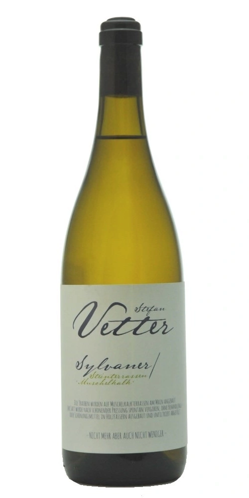 Flasche Wein von Vetter, Jahrgang Sylvaner, mit detaillierter Beschreibung.