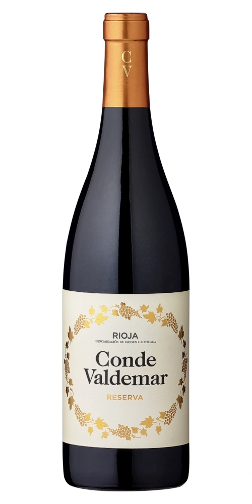 Flasche Rotwein Conde Valdemar Reserva mit goldenen Ranken