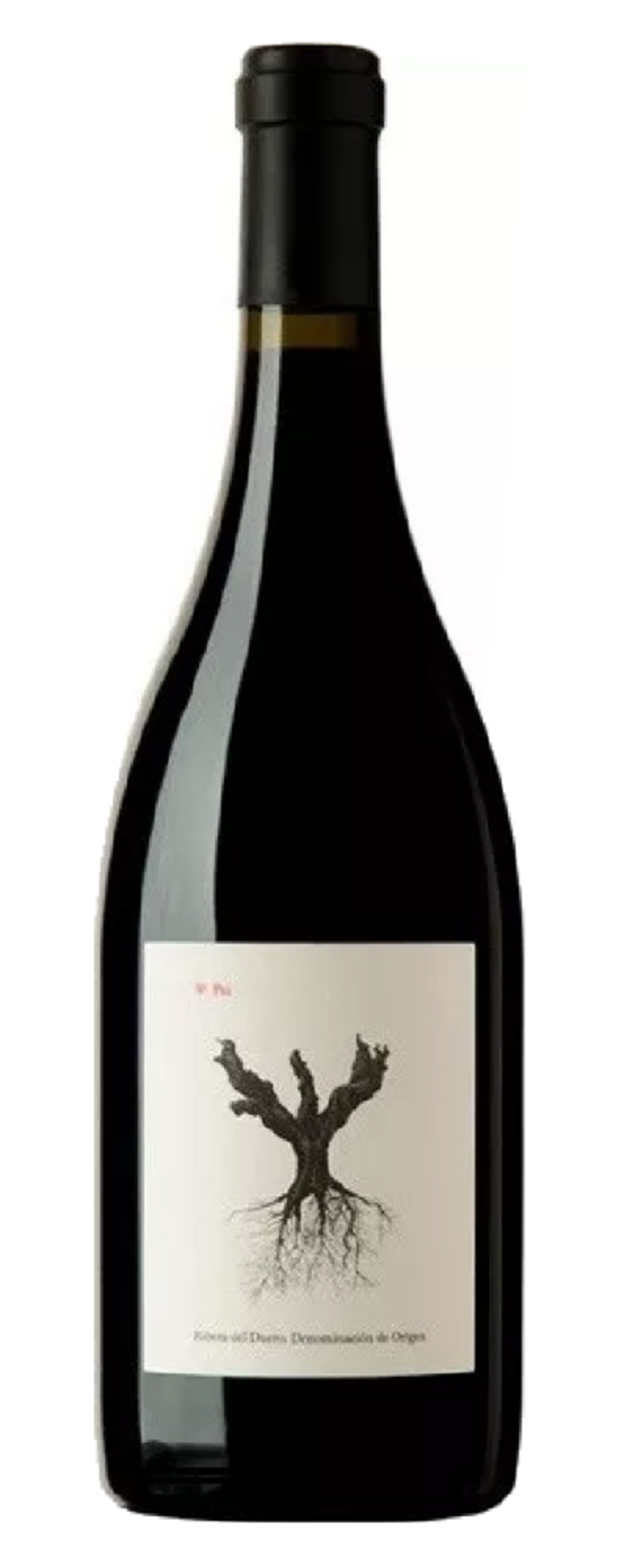 Wein-Flasche mit Etikett, das einen Baum zeigt, vor weißem Hintergrund