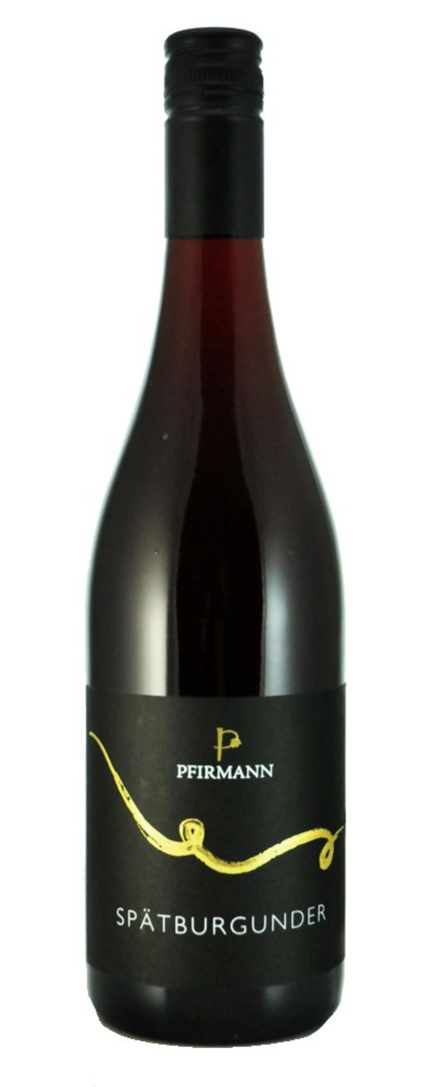 Wein-Flasche mit schwarzem Etikett und goldener Schrift, Spätburgunder
