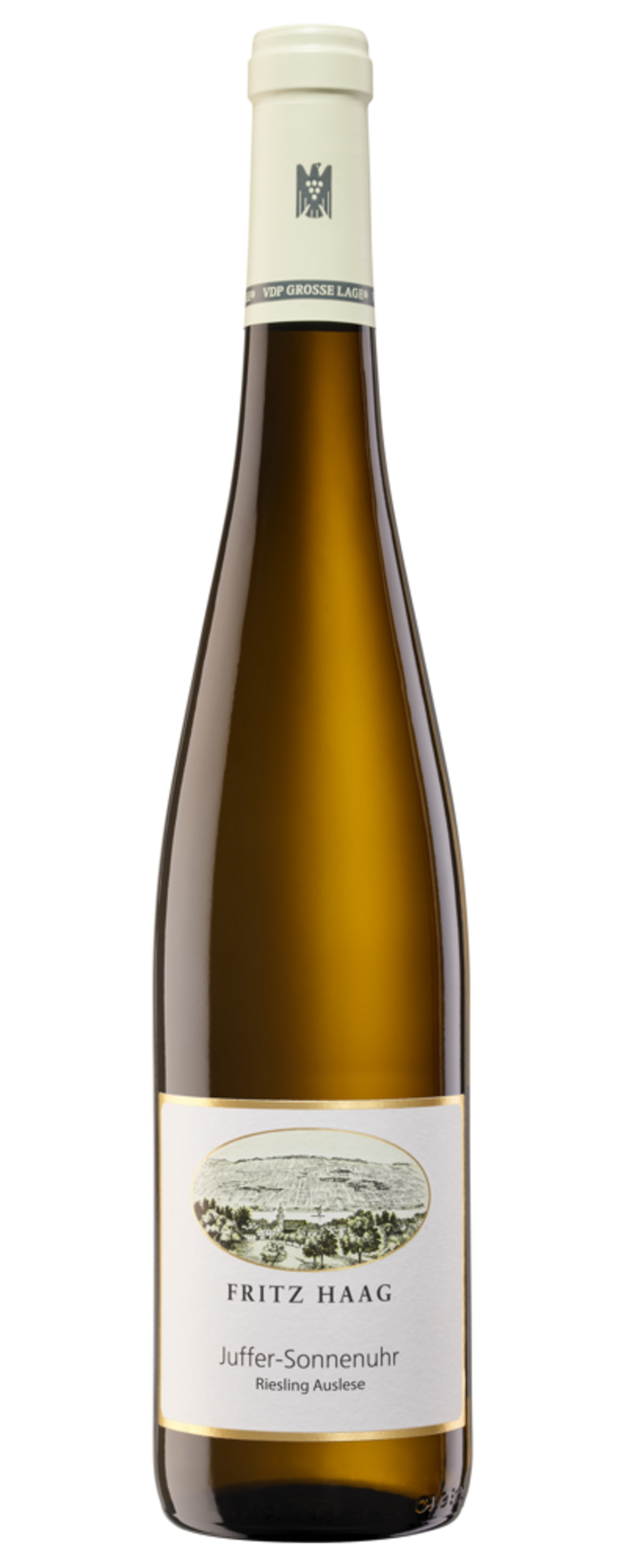 Weinflasche von Fritz Haag, Juffer-Sonnenuhr Riesling Auslese, weißes Etikett.
