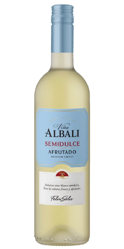 Weiße Wein-Flasche mit Etikett: Viña Albali Semidulce Afrutado.