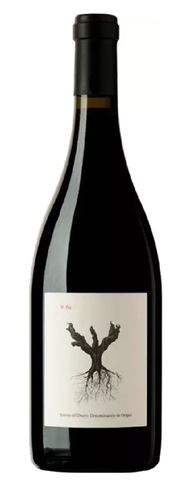 Wein-Flasche mit Etikett, das einen Baum zeigt, vor weißem Hintergrund