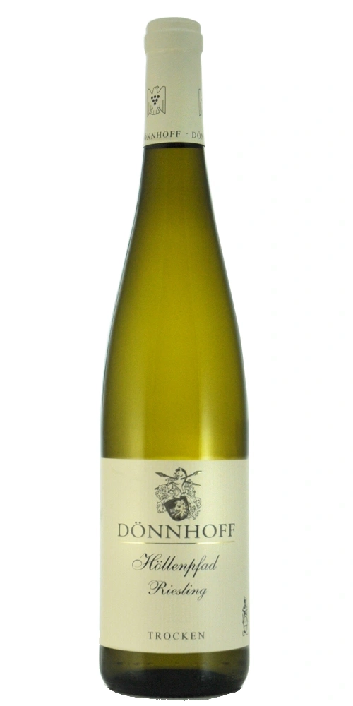 Weiße Weinflasche von Dönnhoff mit Etikett "Höllenpfad Riesling Trocken"