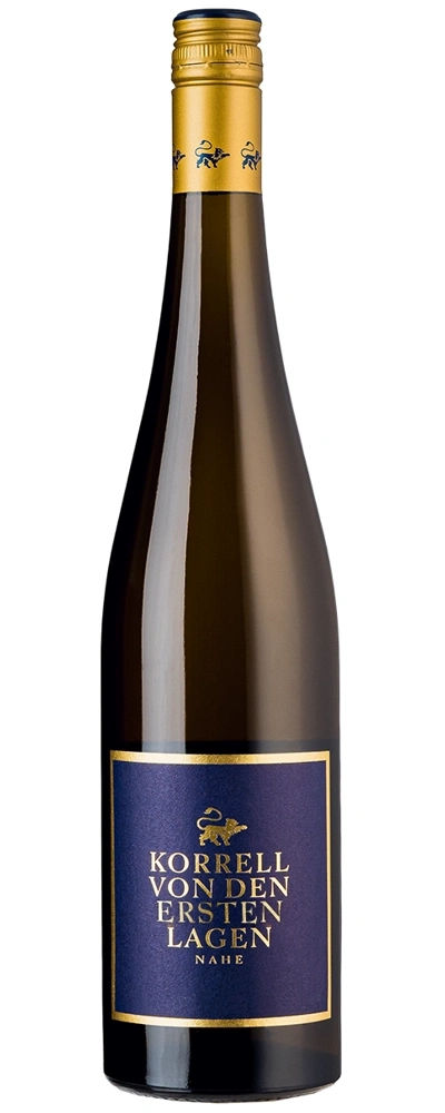 Wein-Flasche mit blauem Etikett und goldenen Details, Korrell von den Ersten Lagen.