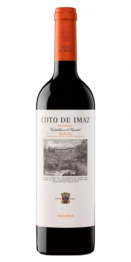 Eine Flasche Rotwein mit dem Etikett COTO DE IMAZ RESERVA RIOJA