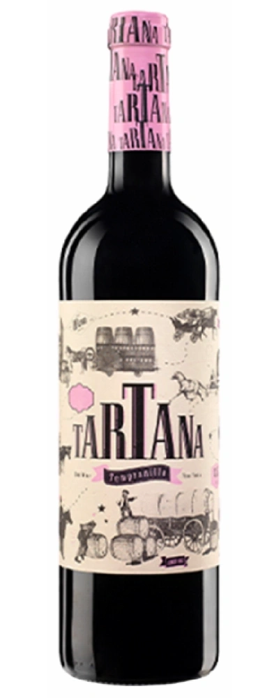 Eine Flasche Rotwein mit dem Etikett TARTANA Tempranillo und historischen Zeichnungen.
