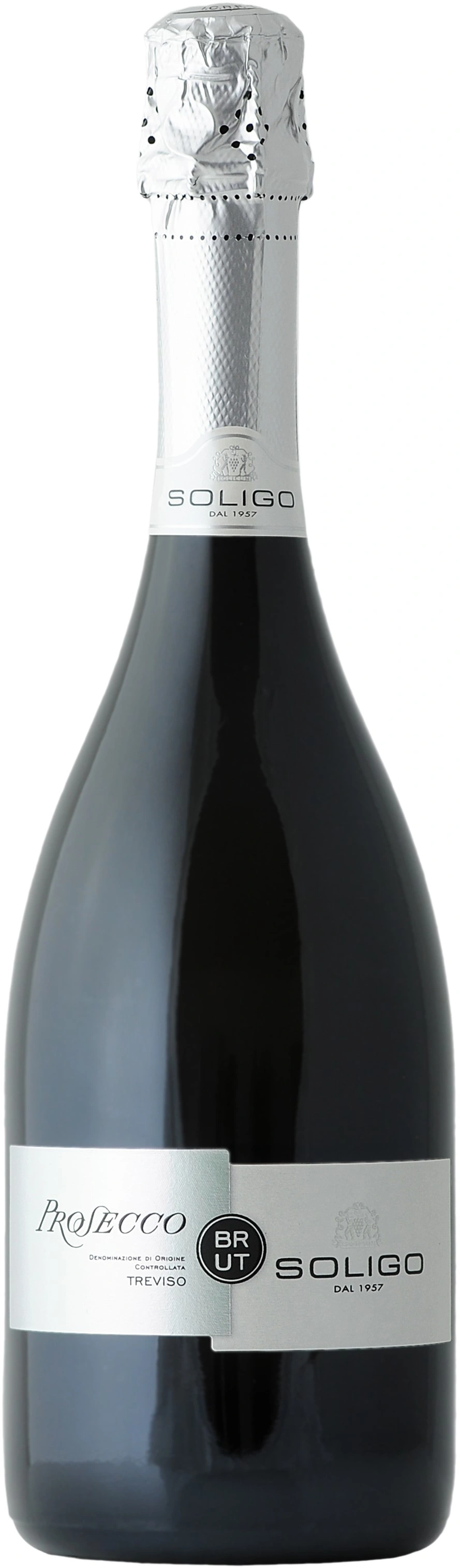 Prosecco-Flasche, Soligo, Brut, Treviso, italienischer Schaumwein, silberne Kapsel, dunkles Glas