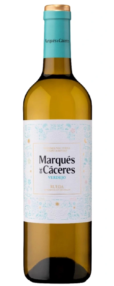 Eine Flasche Marques de Caceres Verdejo Wein mit blauem Etikett