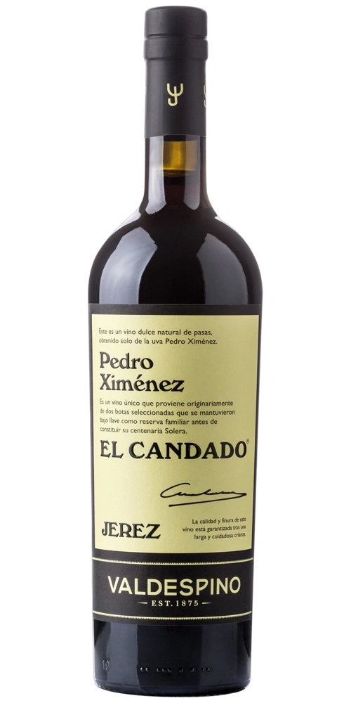 Weinflasche mit Pedro Ximénez Aufschrift und einem schwarzen Etikett