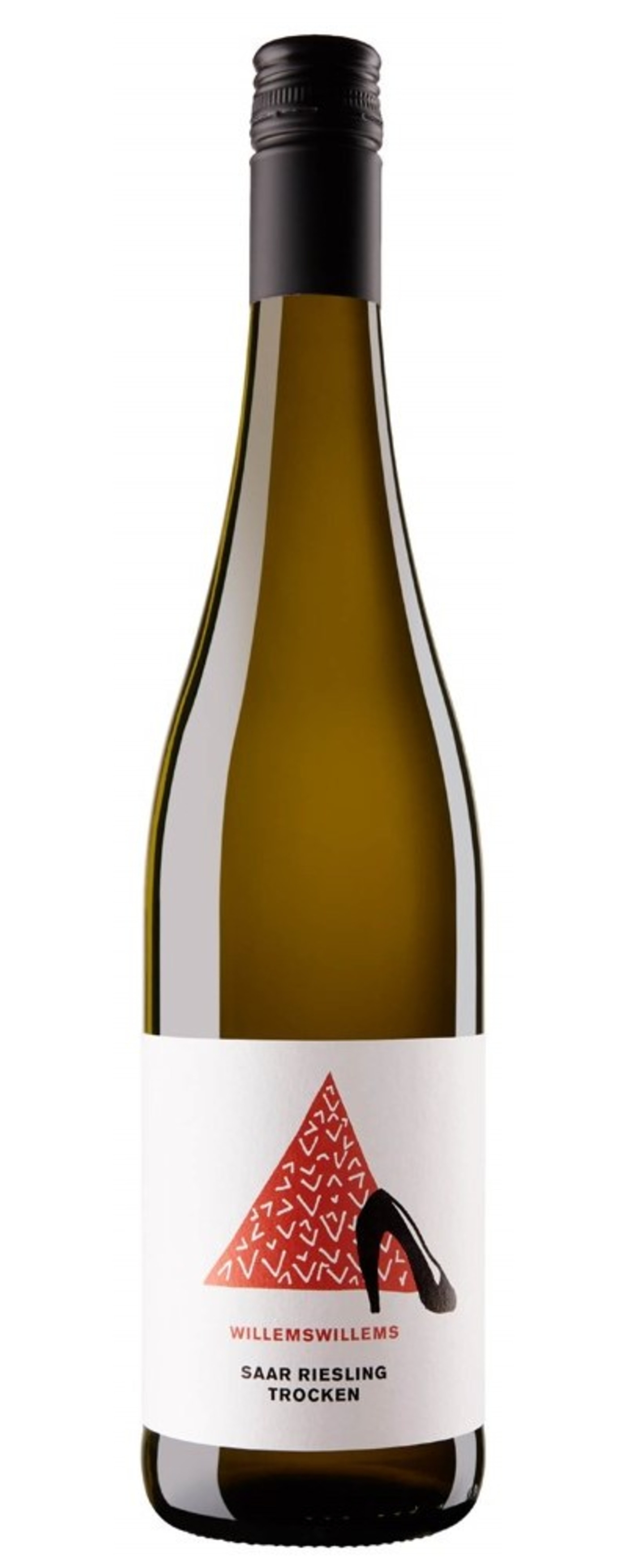 Weinflasche mit Etikett, rotem Dreieck und schwarzem Schuh. Saar Riesling Trocken.
