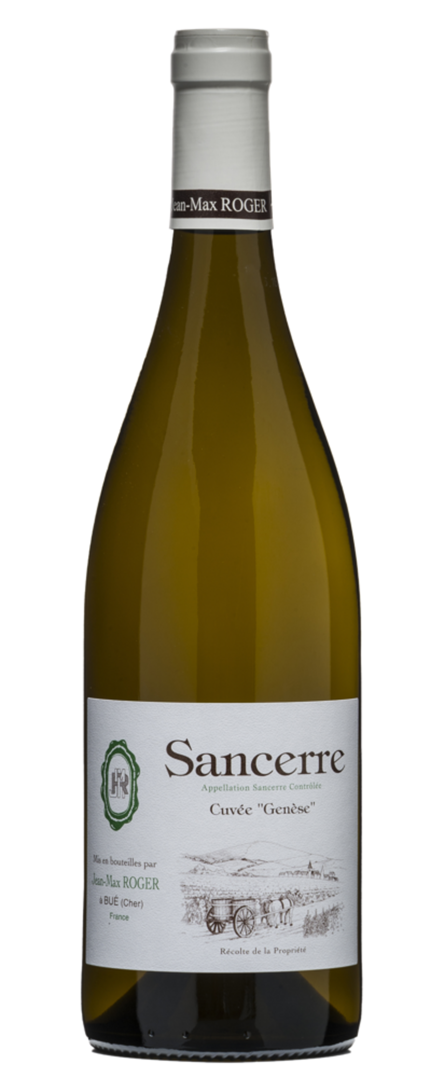 Weinflasche Sancerre Cuvée Genèse, Jean-Max Roger, Frankreich, weißer Wein, Etikett, Flasche