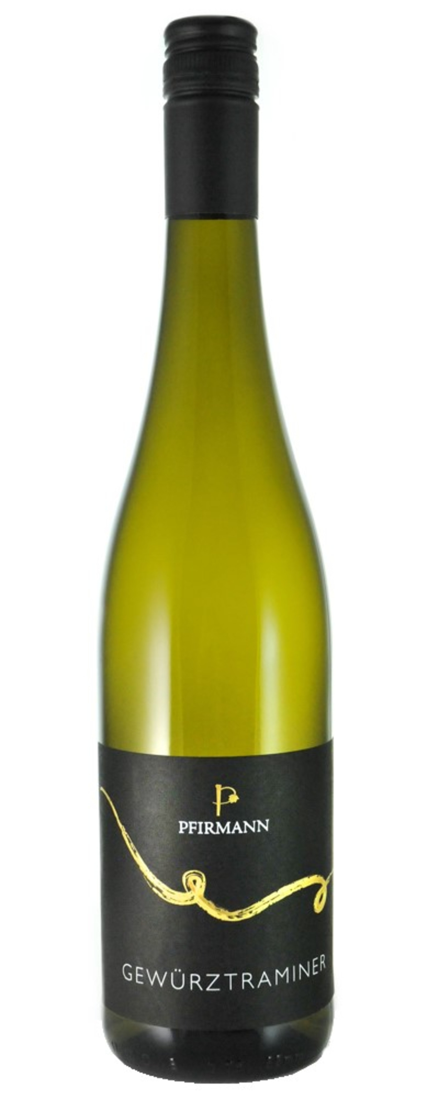 Weinflasche mit schwarzem Etikett und goldener Schrift, Gewürztraminer.