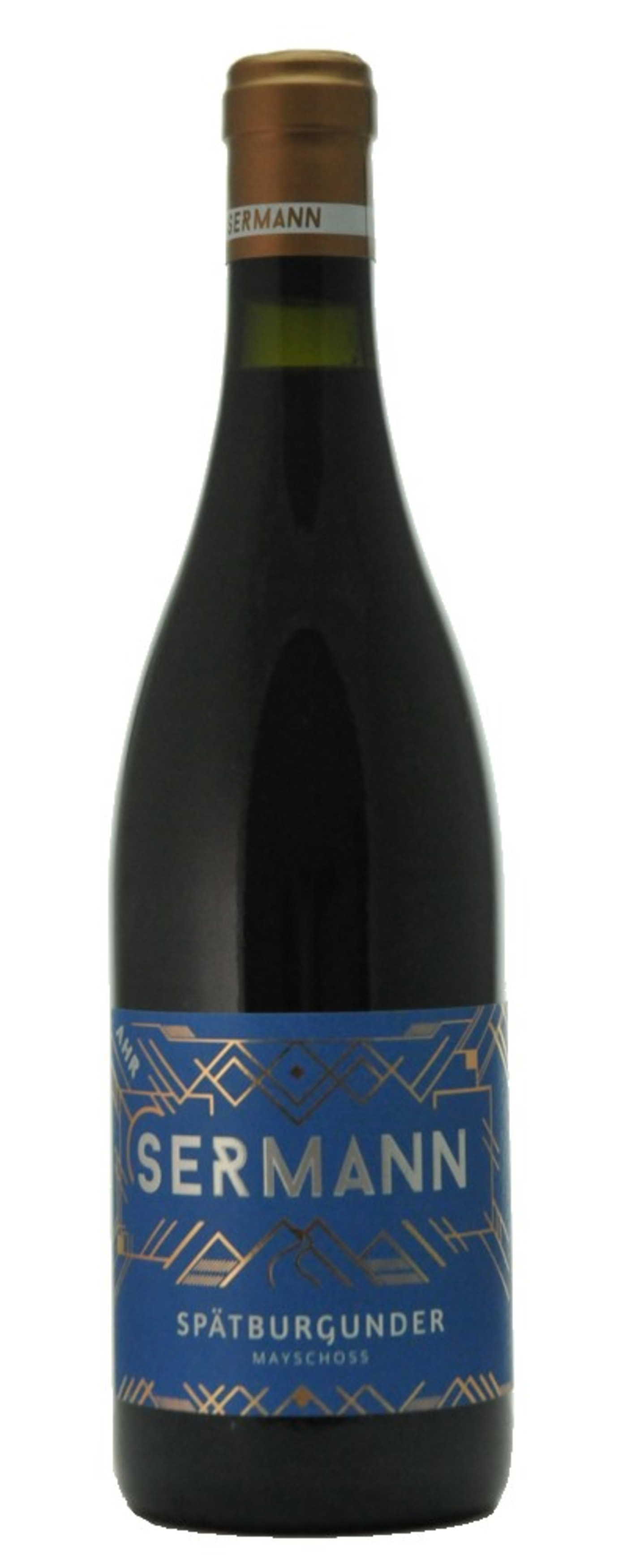 Wein, Spätburgunder, Sermann, Mayschoss, Flasche, blaues Etikett, goldene Schrift, Ahr