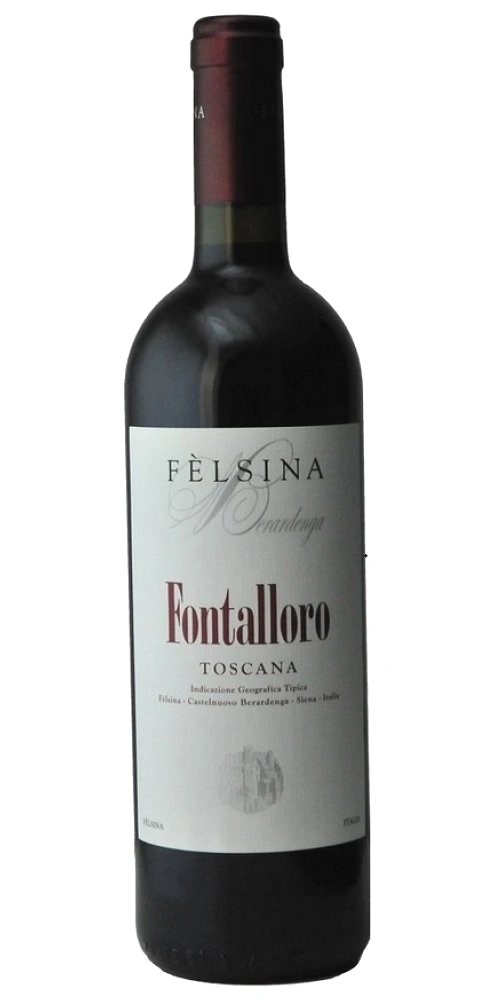 Eine Flasche Felsina Fontalloro Toscana Wein mit weißem Etikett.