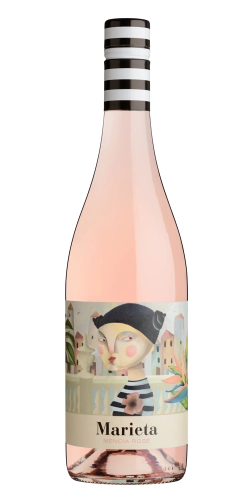 Eine Flasche Roséwein mit einem künstlerischen Etikett einer Frau und einer Stadtansicht.