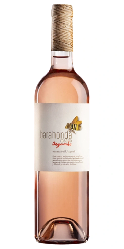 Eine Flasche Roséwein mit einem Etikett mit einer Biene und dem Text 'barahonda ORGANIC'