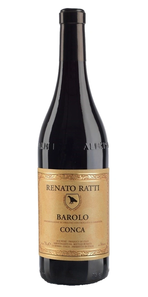 Eine Flasche Rotwein mit einem goldenen Etikett mit der Aufschrift RENATO RATTI BAROLO CONCA.