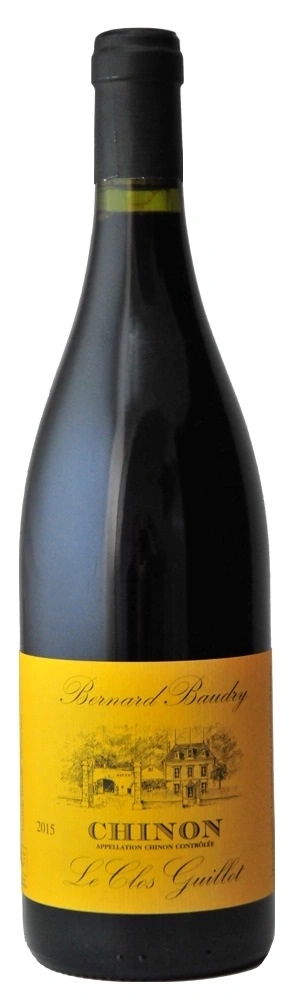 Wein-Flasche mit gelbem Etikett, Chinon, Le Clos Guillot, Bernard Baudry, 2015