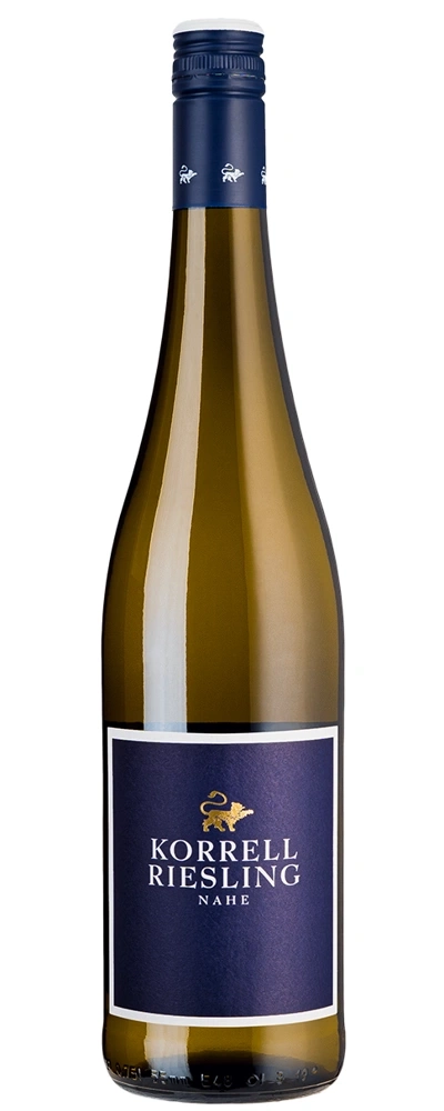 Weinflasche mit blauem Etikett und goldenem Löwen-Logo, Korrell Riesling Nahe.