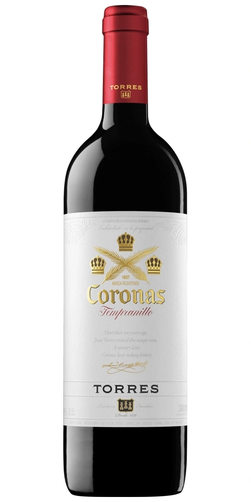 Eine Flasche Torres Coronas Tempranillo Wein mit roter Kappe und weißem Etikett.