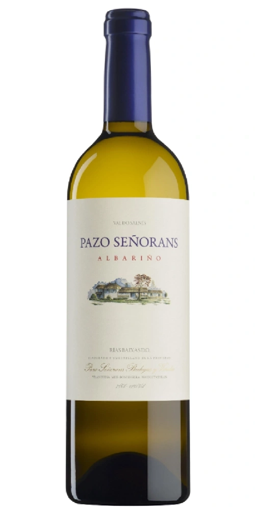 Pazo Señorans Albariño Wein Flasche mit blauem Kappe auf weißem Hintergrund