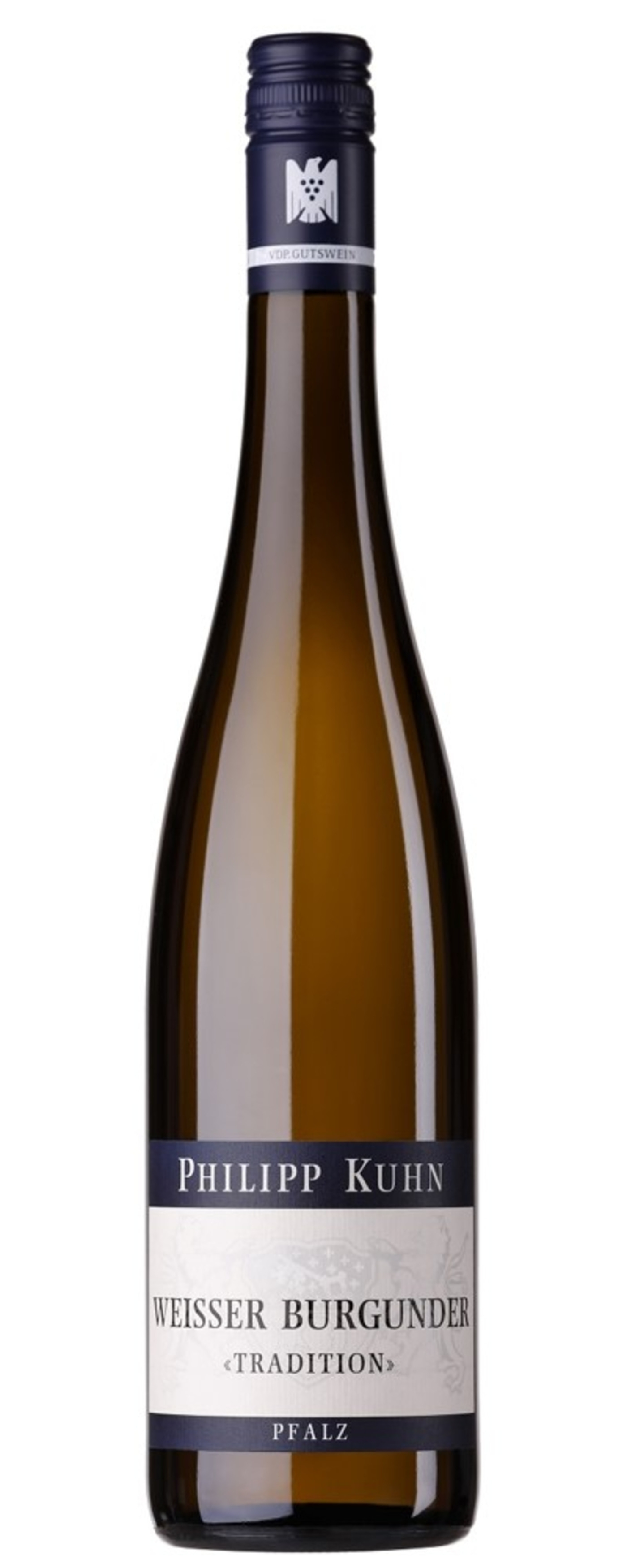 Weißwein-Flasche von Philipp Kuhn, Weisser Burgunder, Tradition, Pfalz.