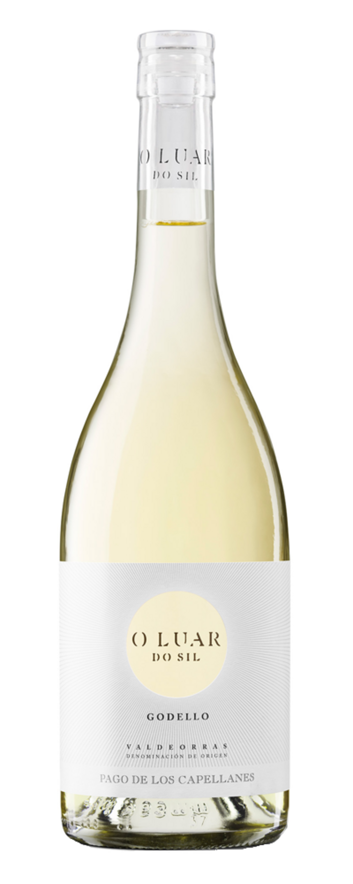 Weinflasche mit Etikett, 'O LUAR DO SIL', 'GODELLO', 'VALDEORRAS', 'PAGO DE LOS CAPELLANES'