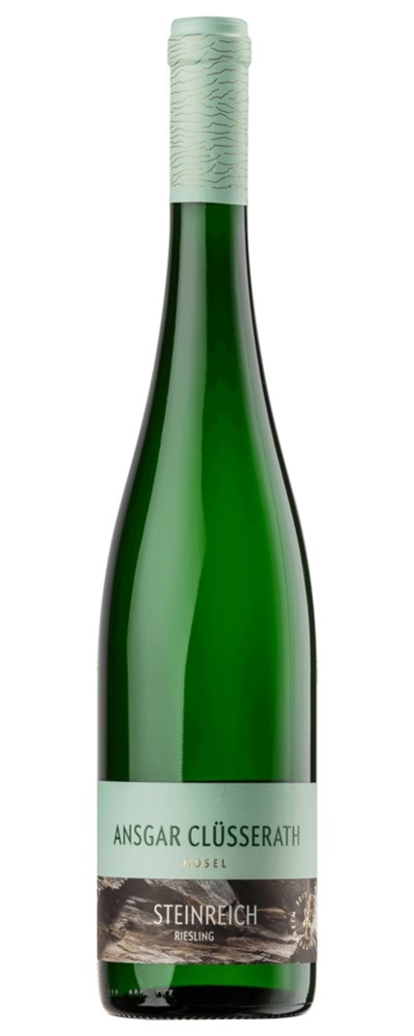 Grüne Weinflasche mit Etikett von Ansgar Clüsserath, Mosel, Steinreich Riesling.