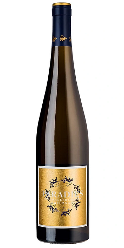 Eine Flasche Weißwein mit goldenem Etikett und blauen Löwen