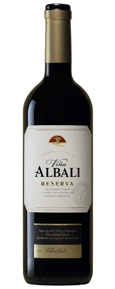 Eine Flasche Rotwein von Viña Albali Reserva mit goldenem Etikett.