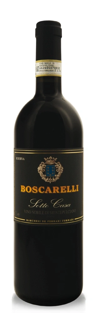 Wein-Flasche von Boscarelli Sotto Casa, dunkel, mit Etikett und goldener Schrift.