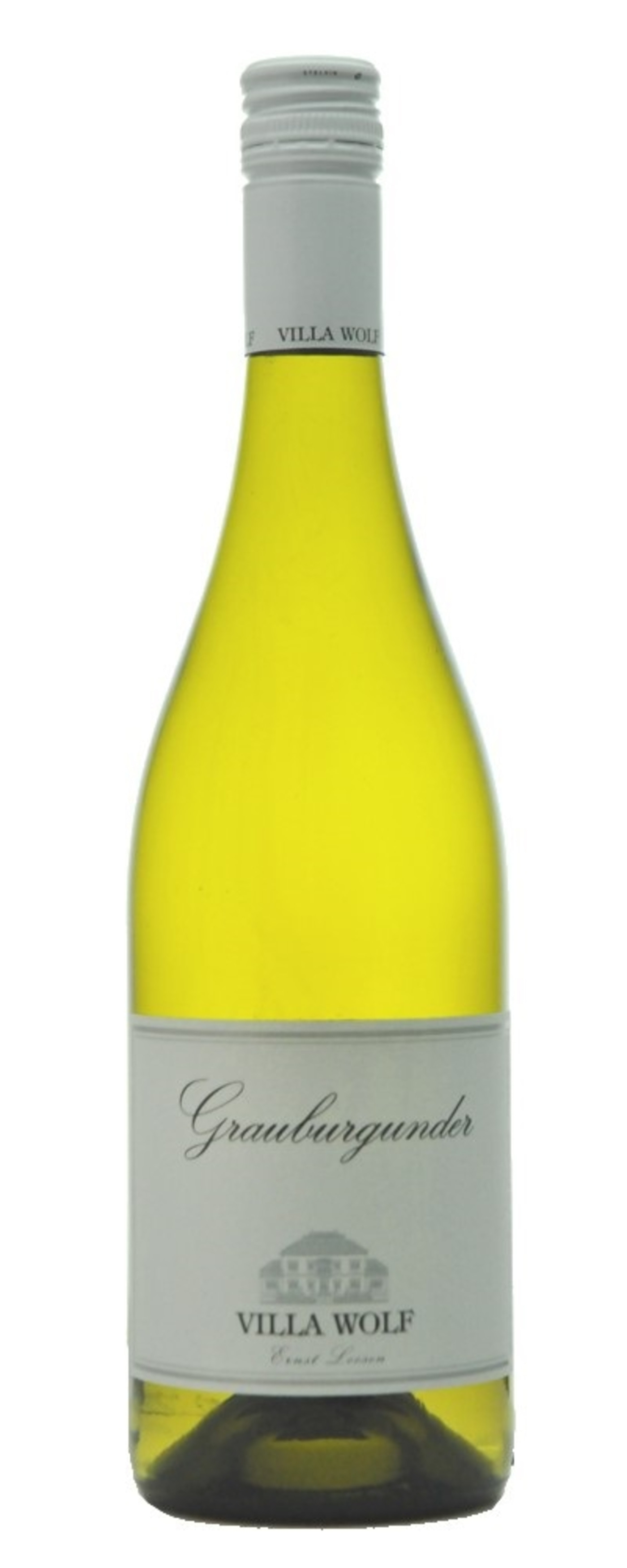 Weinflasche Villa Wolf Grauburgunder, gelbes Getränk, Etikett, Weißwein, Glasflasche