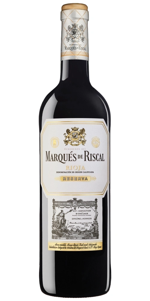 Rotweinflasche der Marke Marqués de Riscal Reserva aus Rioja, Spanien.