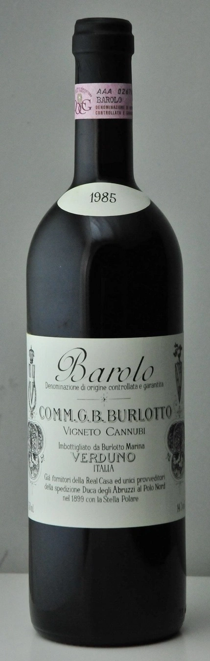 Barolo-Wein, Jahrgang 1985, COMM.G.B. BURLOTTO, italienischer Wein, Flasche, Etikett, Wein